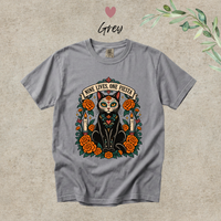 Load image into Gallery viewer, Nine Lives, One Fiesta Day of the Dead black cat t-shirt with marigolds in Grey, Comfort Colors
