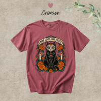 Load image into Gallery viewer, Nine Lives, One Fiesta Day of the Dead black cat t-shirt with marigolds in Crimson, Comfort Colors
