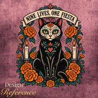 Load image into Gallery viewer, Nine Lives, One Fiesta artwork: black cat with sugar skull face, orange marigolds and candles under a banner
