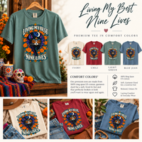 Load image into Gallery viewer, Living My Best Nine Lives style card: Comfort Colors tee in Ivory, Chili, Light Green and Blue Jean with fabric details
