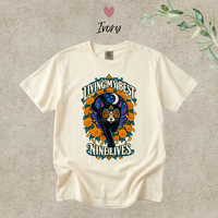 Load image into Gallery viewer, Living My Best Nine Lives Day of the Dead black cat t-shirt with marigolds in Ivory, Comfort Colors
