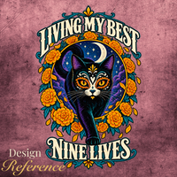 Load image into Gallery viewer, Living My Best Nine Lives artwork: sugar skull black cat under a crescent moon, framed by orange marigolds
