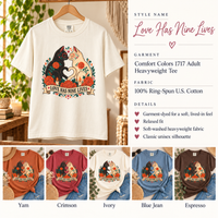 Load image into Gallery viewer, Love Has Nine Lives style card: Ivory tee on hanger, Comfort Colors 1717 details, Yam, Crimson, Ivory, Blue Jean, Espresso
