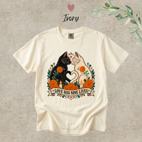 Load image into Gallery viewer, Love Has Nine Lives Day of the Dead black cat t-shirt in Ivory, Comfort Colors

