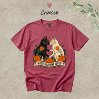 Load image into Gallery viewer, Love Has Nine Lives Day of the Dead black cat t-shirt in Crimson, Comfort Colors
