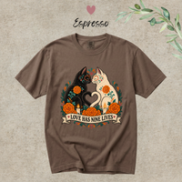 Load image into Gallery viewer, Love Has Nine Lives Day of the Dead black cat t-shirt in Espresso, Comfort Colors
