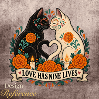 Load image into Gallery viewer, Love Has Nine Lives design reference: black and white sugar skull cats with heart tails, marigolds and candles
