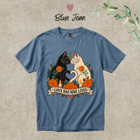 Load image into Gallery viewer, Love Has Nine Lives Day of the Dead black cat t-shirt in Blue Jean, Comfort Colors
