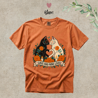 Load image into Gallery viewer, Love Has Nine Lives Day of the Dead black cat t-shirt in Yam, Comfort Colors
