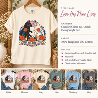 Load image into Gallery viewer, Love Has Nine Lives style card: Ivory tee, Comfort Colors 1717 details, White, Blossom, Ivory, Bay, Chambray, Grey
