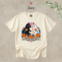 Load image into Gallery viewer, Love Has Nine Lives Brights Day of the Dead black cat t-shirt in Ivory, Comfort Colors
