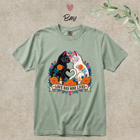 Load image into Gallery viewer, Love Has Nine Lives Brights Day of the Dead black cat t-shirt in Bay, Comfort Colors
