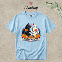 Load image into Gallery viewer, Love Has Nine Lives Brights Day of the Dead black cat t-shirt in Chambray, Comfort Colors
