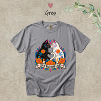 Load image into Gallery viewer, Love Has Nine Lives Brights Day of the Dead black cat t-shirt in Grey, Comfort Colors
