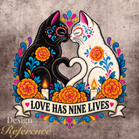 Load image into Gallery viewer, Love Has Nine Lives Brights design reference: sugar skull cats with heart tails, bright florals, marigolds and candles
