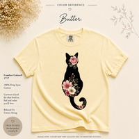 Load image into Gallery viewer, Petals &amp; Attitude - Floral Dark Cat Silhouette Premium Tee in Comfort Colors
