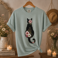 Load image into Gallery viewer, Petals &amp; Attitude - Floral Dark Cat Silhouette Premium Tee in Comfort Colors
