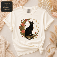 Load image into Gallery viewer, Midnight Rose Cat Tee — black cat with a crescent moon, vintage roses and celestial stars, front design
