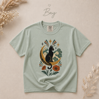 Load image into Gallery viewer, Vintage-inspired moonlit cat design with swirling clouds and stars on a Comfort Colors 1717 tee

