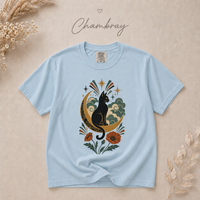 Load image into Gallery viewer, Moonlit Poppy Cat Tee colourway — celestial cat artwork on relaxed unisex Comfort Colors cotton
