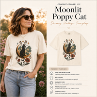 Load image into Gallery viewer, Moonlit Poppy Cat Tee shown flat, celestial black cat design on garment-dyed Comfort Colors cotton
