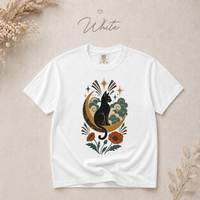Load image into Gallery viewer, Art deco style cat beneath a crescent moon with starbursts and red poppies on a cotton tee
