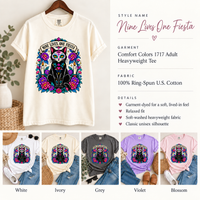 Load image into Gallery viewer, Nine Lives, One Fiesta product sheet: Comfort Colors 1717 Day of the Dead black cat tee in White, Ivory, Grey, Violet and Blossom
