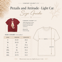 Load image into Gallery viewer, Petals &amp; Attitude tee size chart with measurements in inches for sizes S to 4XL
