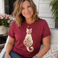 Load image into Gallery viewer, Woman wearing the Petals &amp; Attitude floral cat Comfort Colors tee, styled casually
